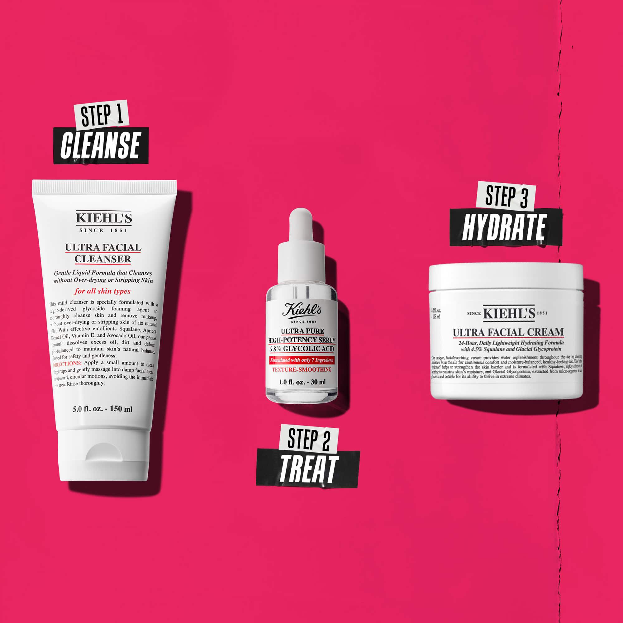 Rutina u tri koraka s Kiehl's proizvodima. Korak 1: Ultra Facial Cleanser. Korak 2: Serum s glikolnom kiselinom. Korak 3: Ultra Facial Cream.