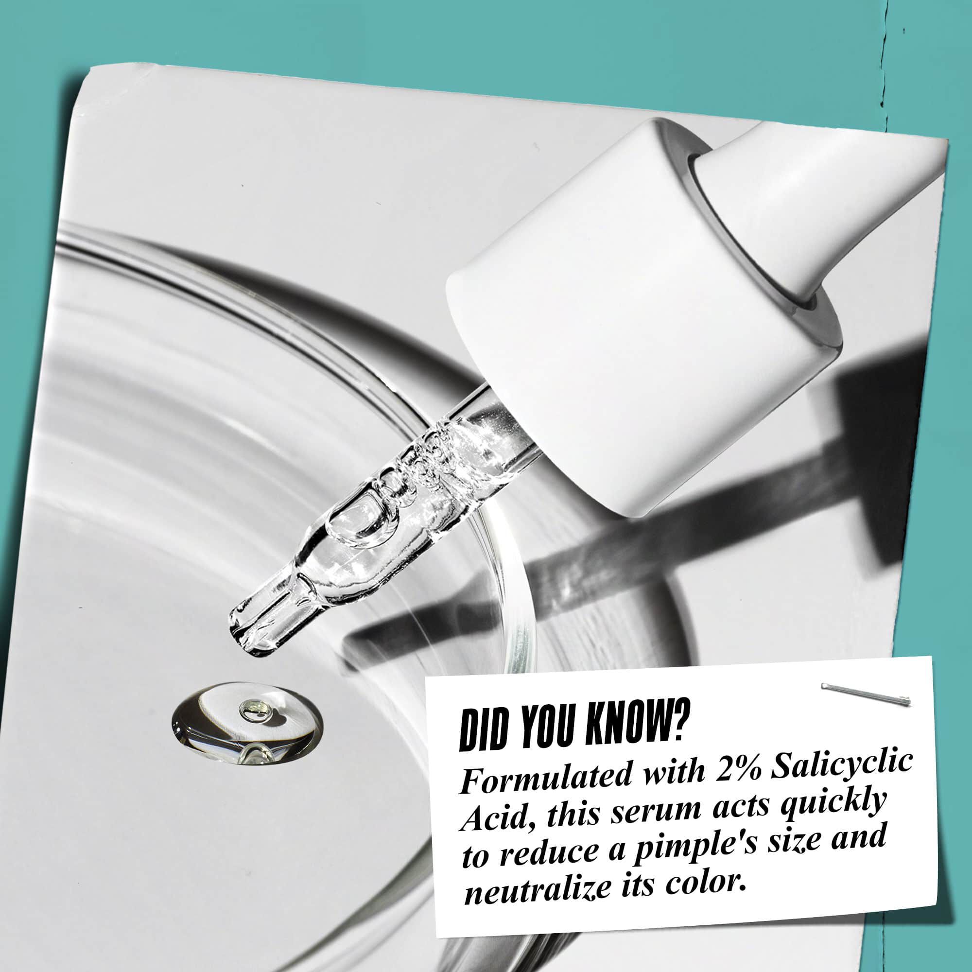 Kapaljka koja dozira Truly-Targeted Blemish-Clearing Solution u staklenu posudicu s tekstom: "Jeste li znali? Formulirano s 2% salicilne kiseline za smanjenje veličine prištića i neutralizaciju njihove boje."