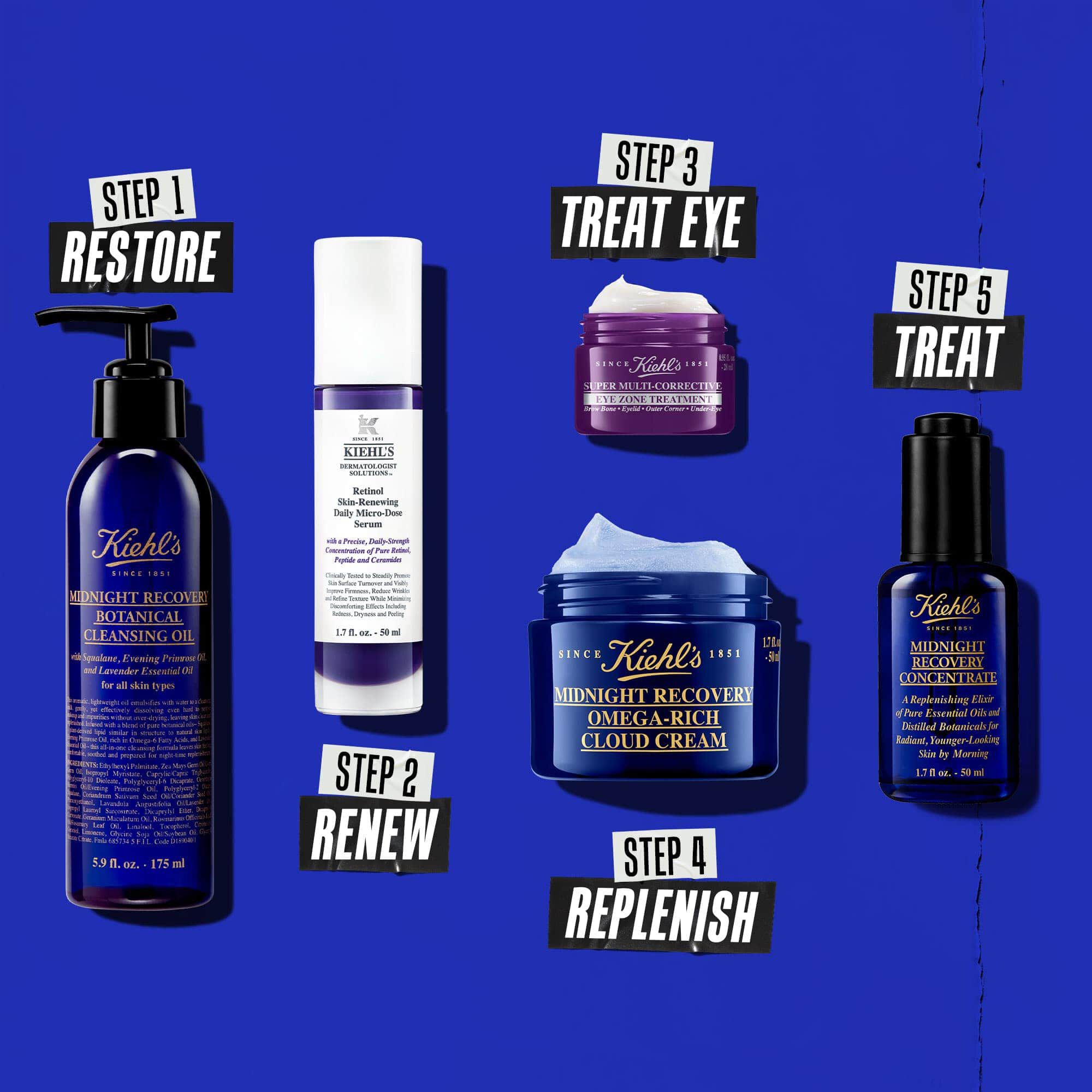 Noćna rutina u pet koraka s Kiehl's proizvodima. S lijeva na desno: sredstvo za čišćenje, serum s retinolom, krema za područje oko očiju, hidratantna krema i Midnight Recovery Concentrate.