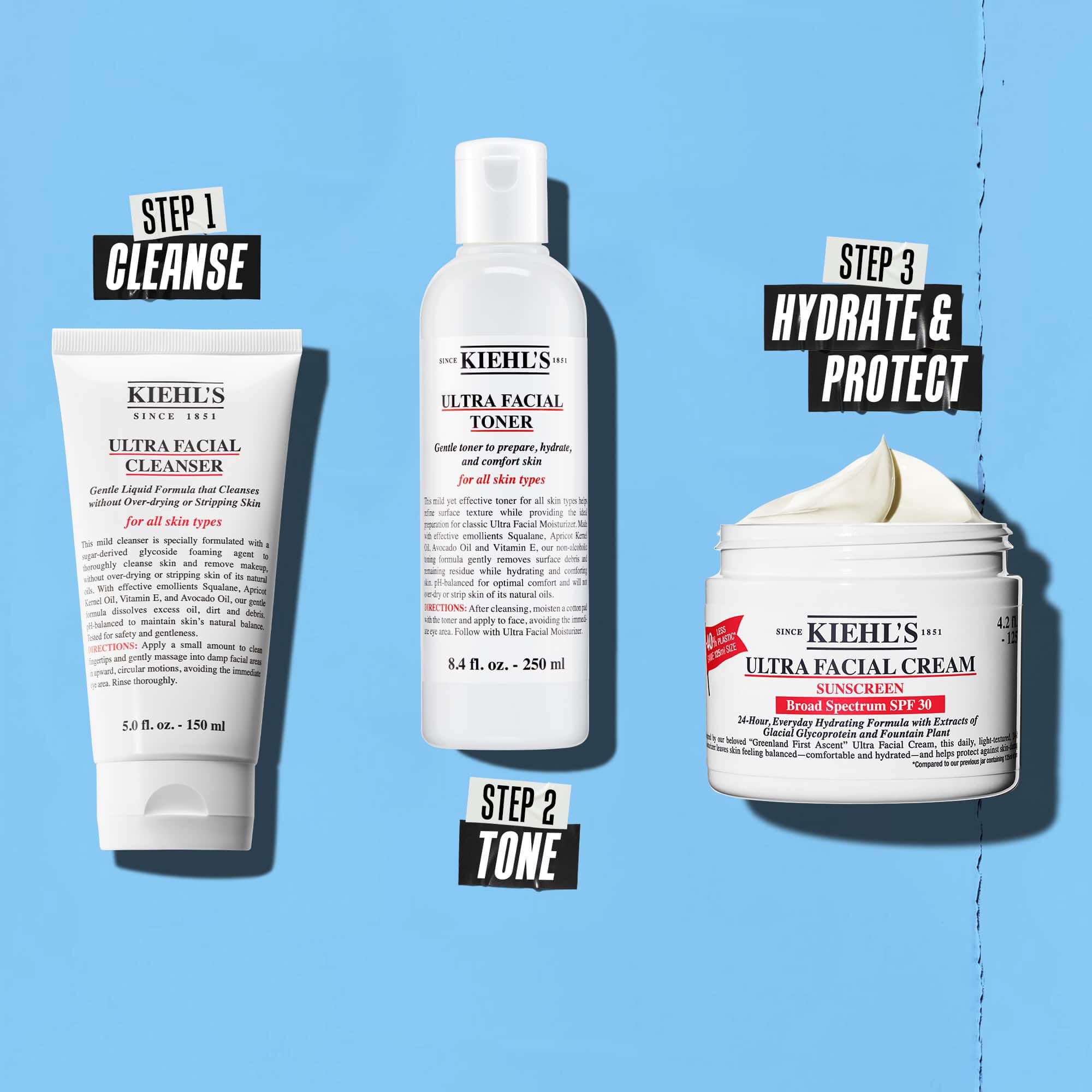 Rutina u tri koraka s Kiehl's proizvodima. Korak 1: Ultra Facial Cleanser. Korak 2: Ultra Facial Toner. Korak 3: Ultra Facial Cream SPF 30.