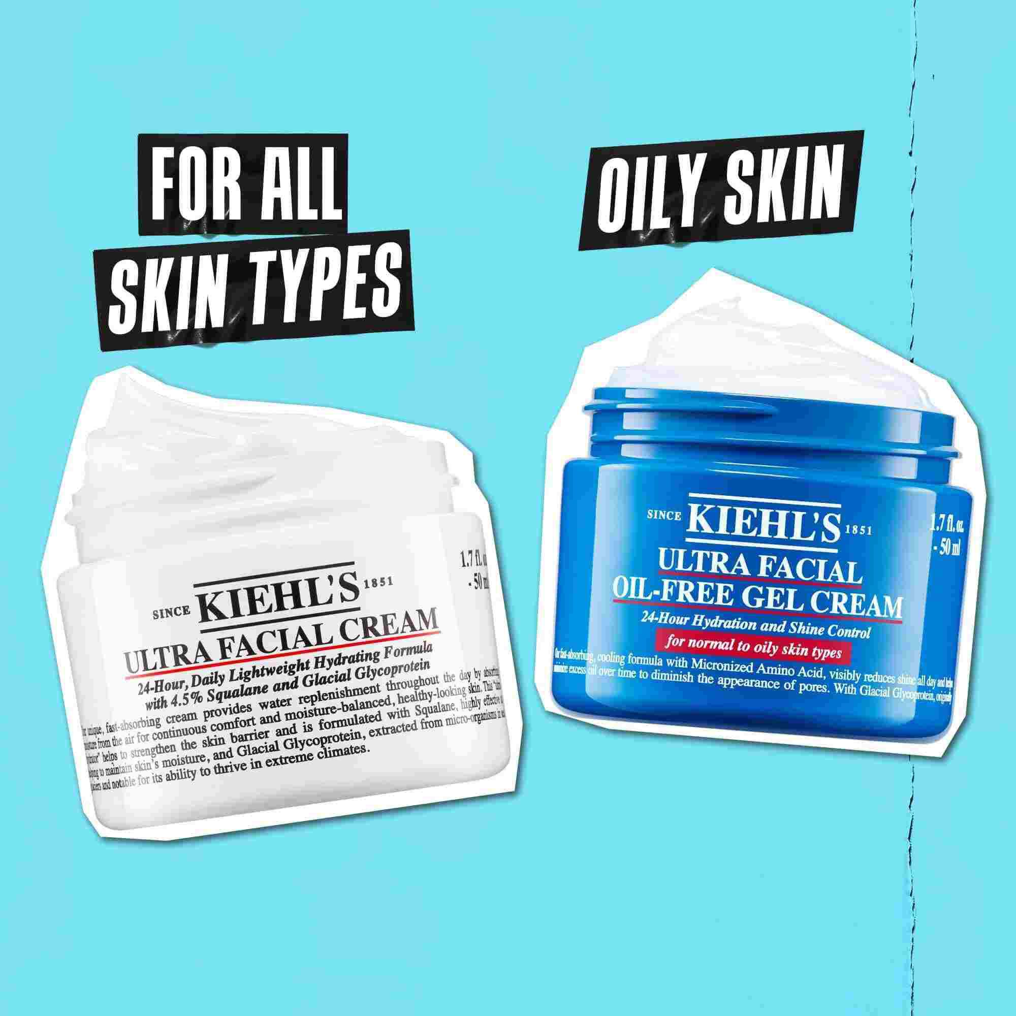 Dvije Kiehl's posudice prikazane jedna do druge na plavoj pozadini. Ultra Facial Cream ima oznaku „Za sve tipove kože”, a Ultra Facial Oil-Free Gel Cream ima oznaku „Masna koža”.