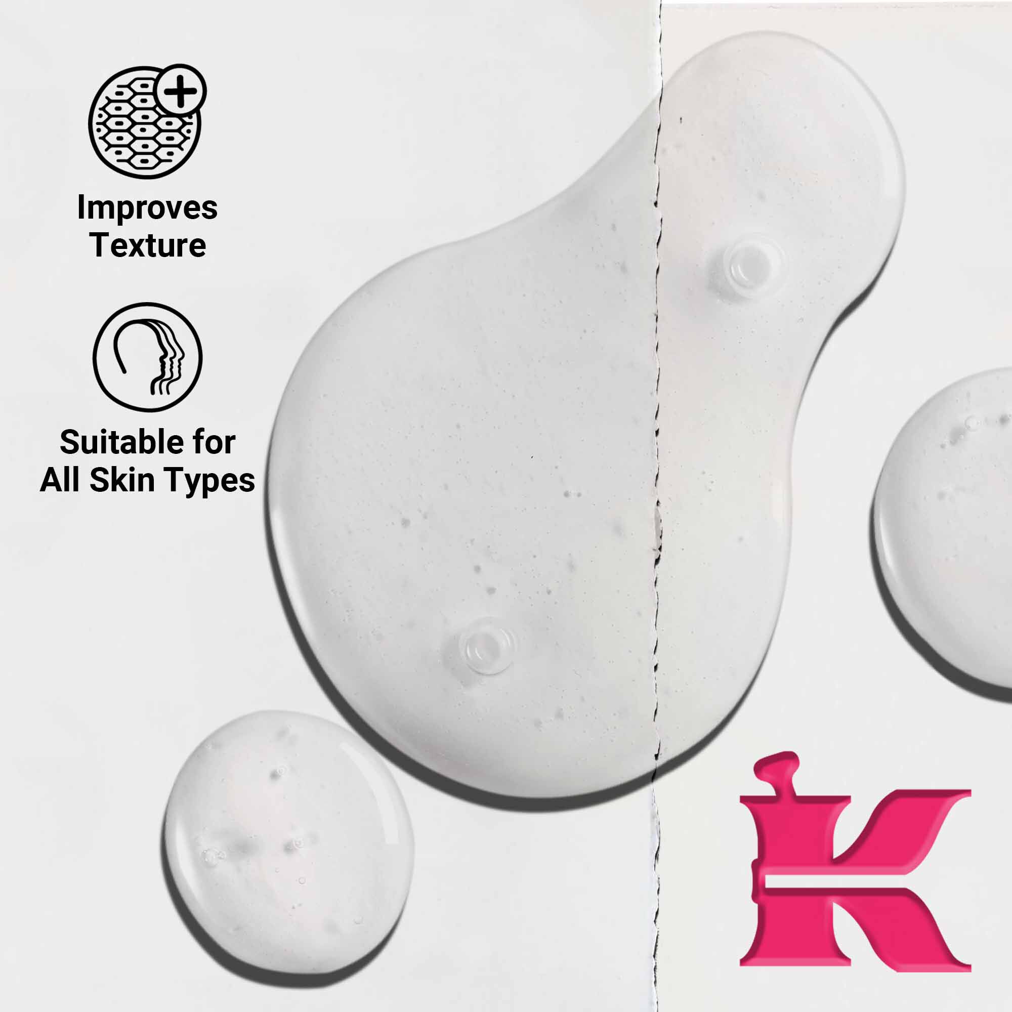 Krupni plan teksture Ultra Pure 9.8% Glycolic Acid Serum koja prikazuje prozirne tekuće kapljice. Tekst ističe sposobnost poboljšanja teksture i prikladnost za sve tipove kože.