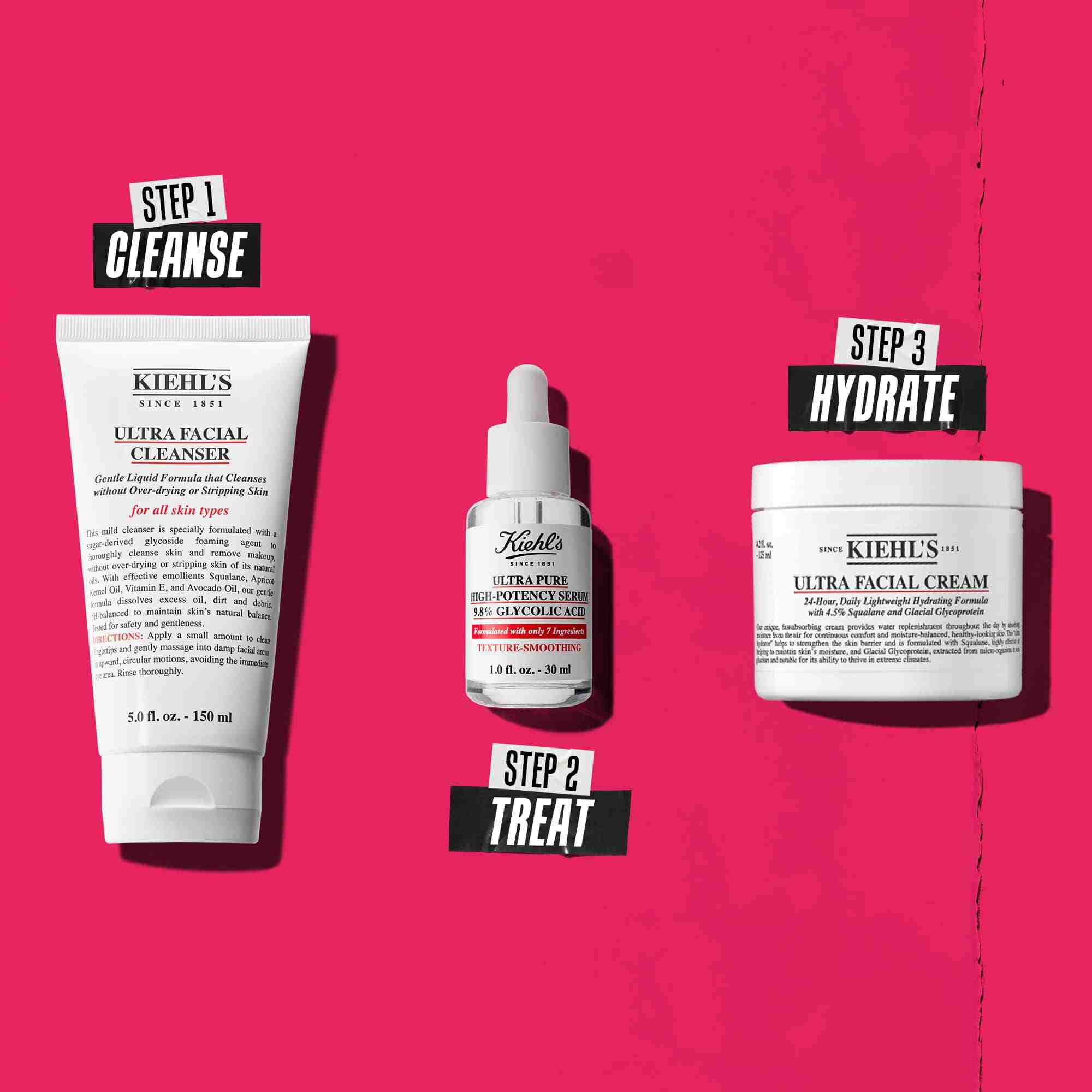 Rutina u tri koraka s Kiehl's proizvodima. Korak 1: Ultra Facial Cleanser. Korak 2: Serum s glikolnom kiselinom. Korak 3: Ultra Facial Cream.