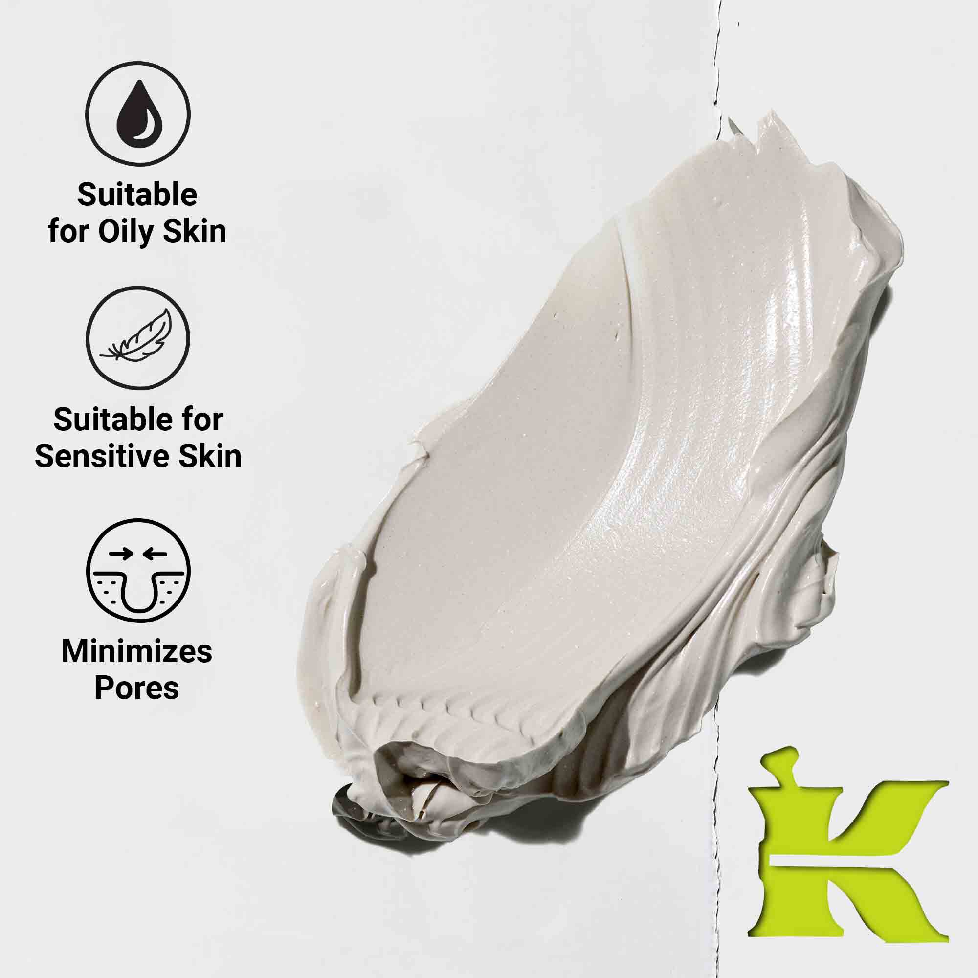 Fotografija teksture s ikonama koje navode da smanjuje pore, sadrži prirodne sastojke i da je za sve tipove kože