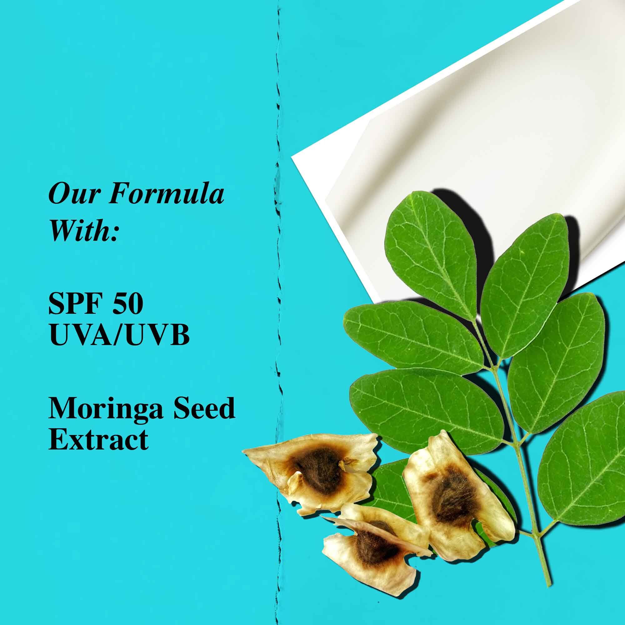 Prikaz koji ističe ključne sastojke Ultra Light Daily UV Defense Aqua Gel, uključujući SPF 50 i ekstrakt sjemenki moringe.