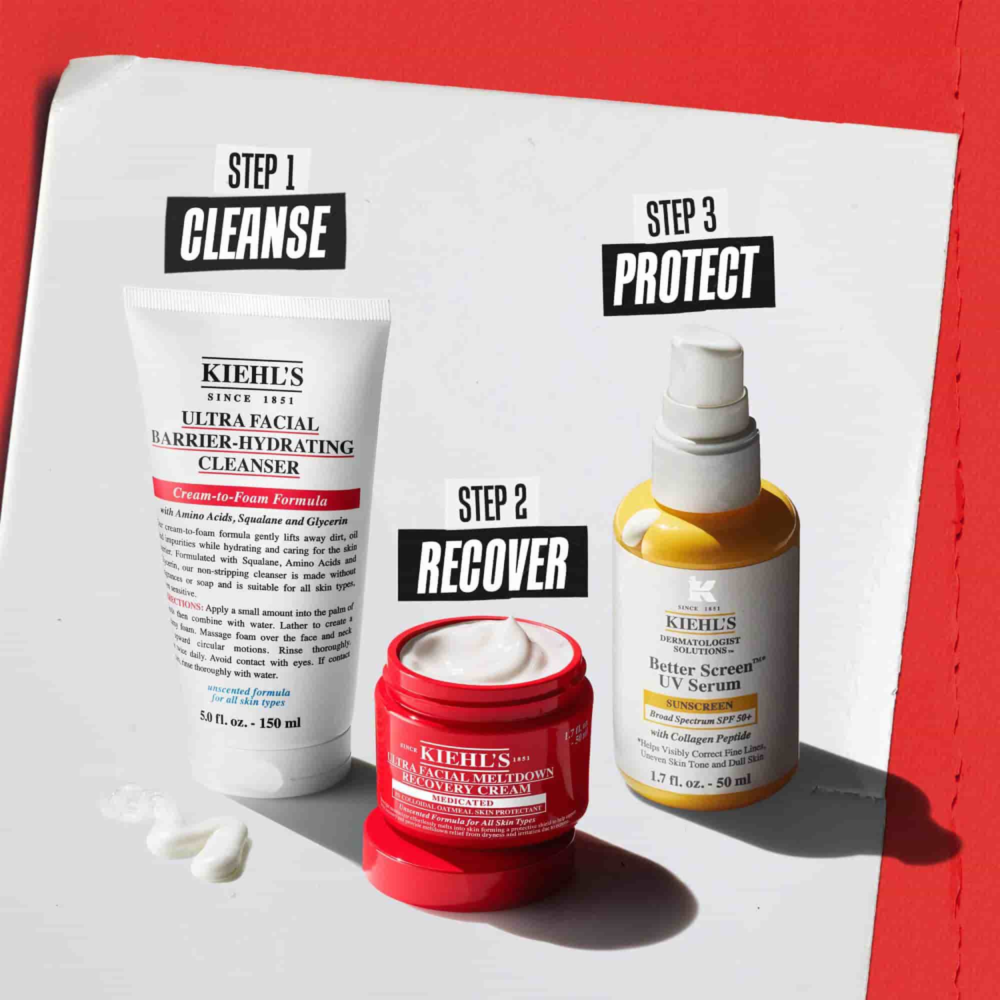 Tri Kiehl’s proizvoda: Korak 1 Čišćenje (Barrier-Hydrating Cleanser), Korak 2 Obnavljanje (Meltdown Recovery Cream) i Korak 3 Zaštita (Better Screen UV Serum).