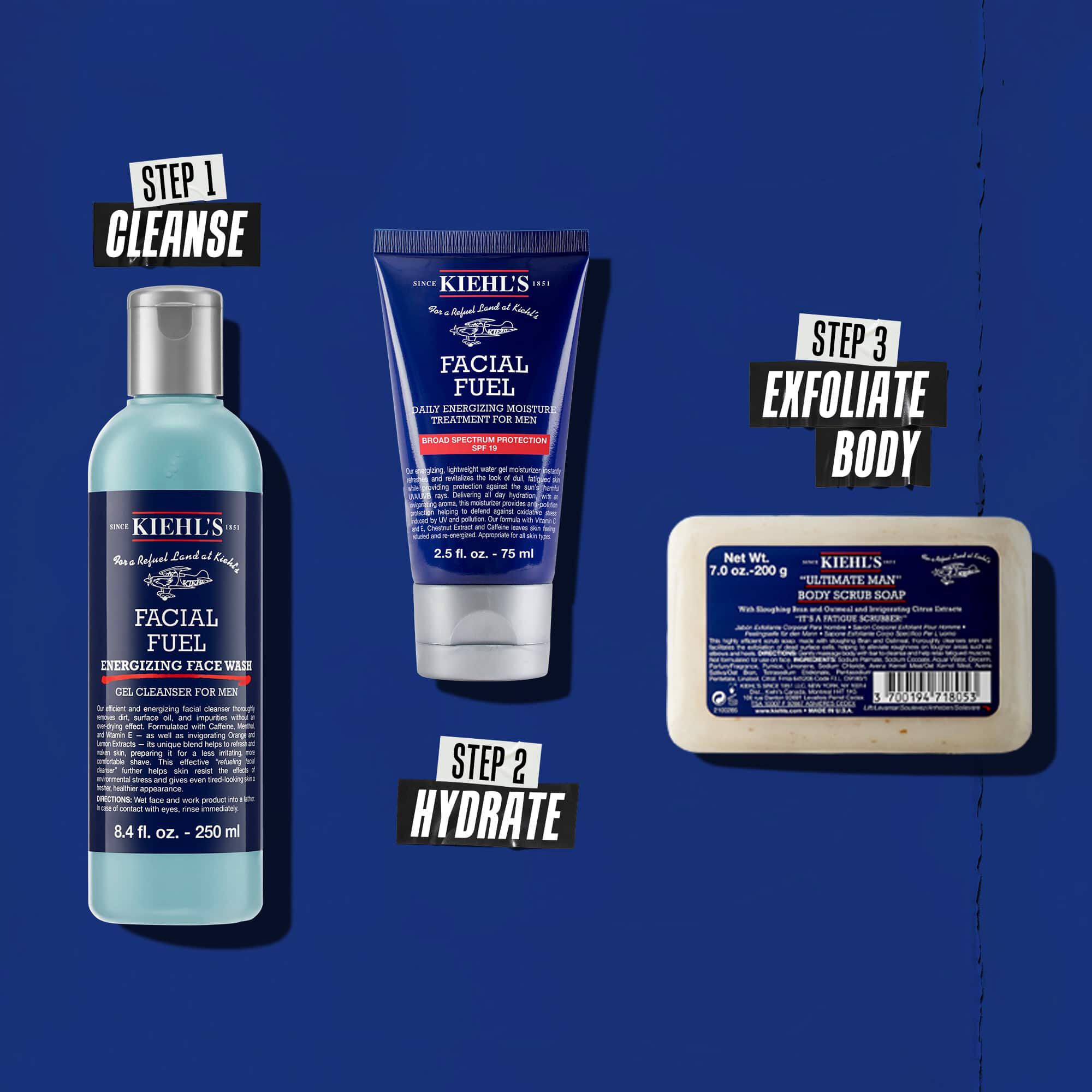 Tri Kiehl's proizvoda koja predstavljaju rutinu. S lijeva na desno: Facial Fuel Cleanser, Facial Fuel Moisturizer i Ultimate Man Body Scrub Soap.