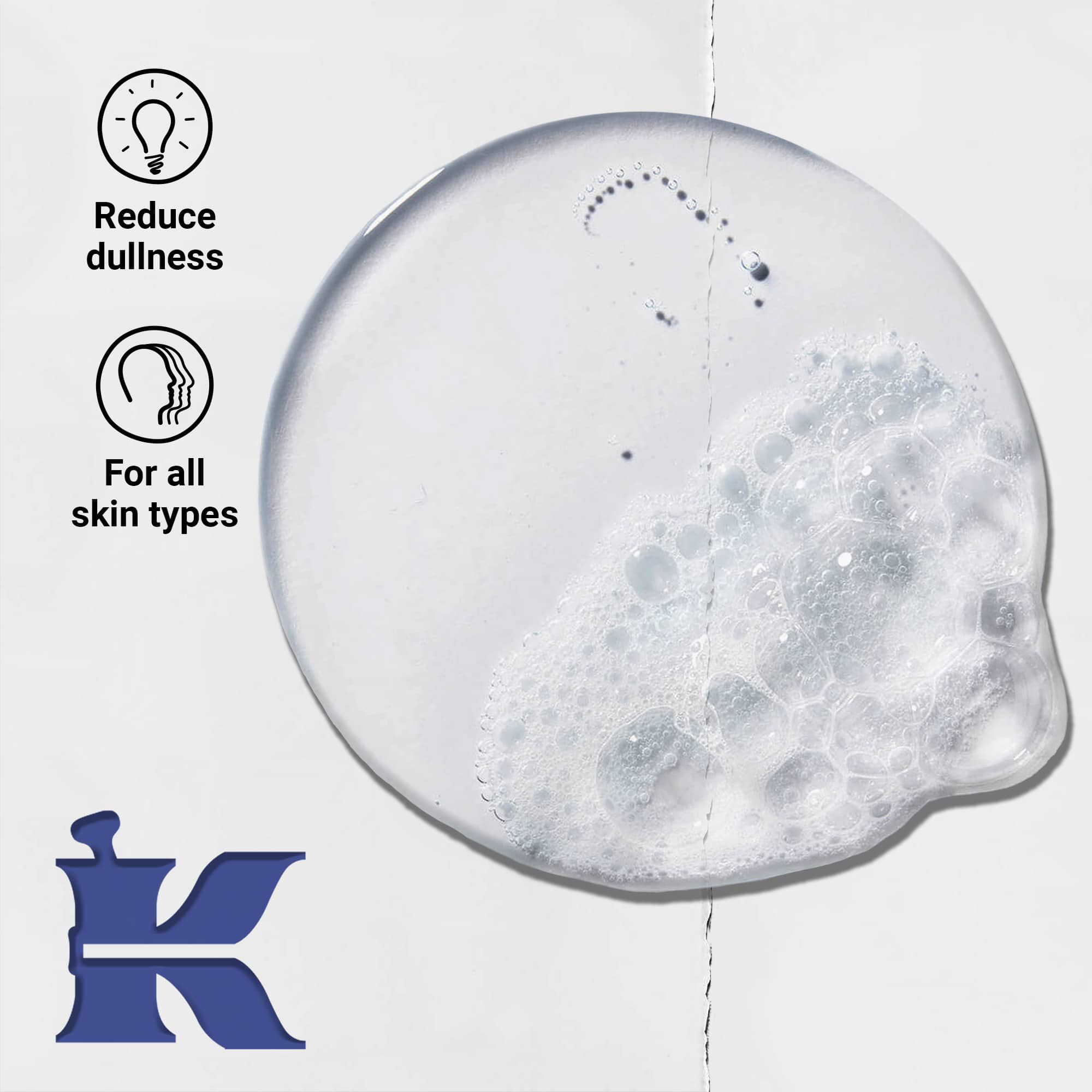 Fotografija teksture Facial Fuel s ikonama koje navode da smanjuje umoran izgled kože i da je za sve tipove kože