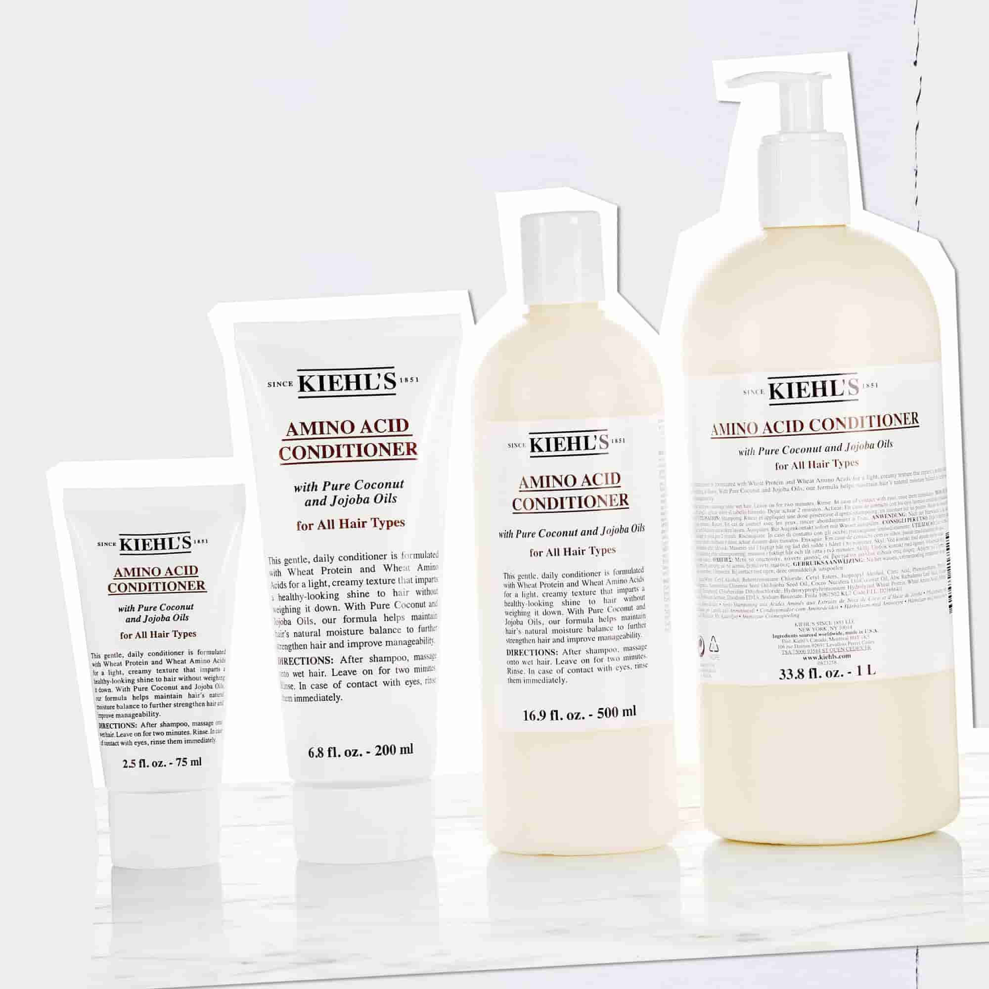 Kiehl's Amino Acid Conditioner boce u veličinama od 2,5 fl. oz. – 75 ml do 33,8 fl. oz. – 1 L