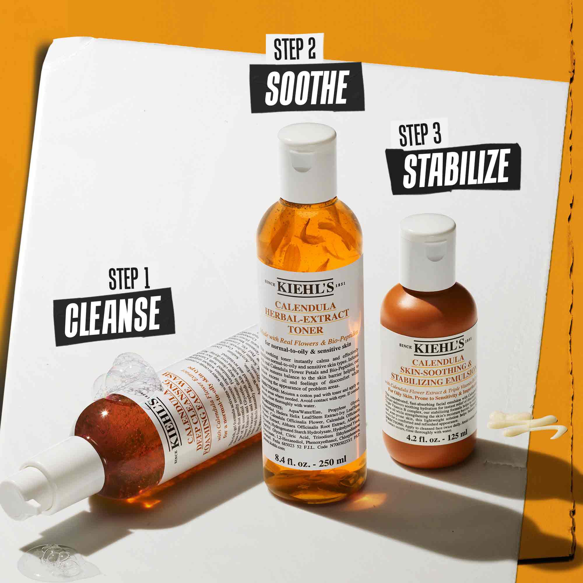 Rutina u tri koraka s Kiehl's proizvodima. Korak 1: Calendula Deep Cleansing Foaming Wash. Korak 2: Calendula Herbal-Extract Toner. Korak 3: Calendula Skin Soothing Stabilizing Emulsion.