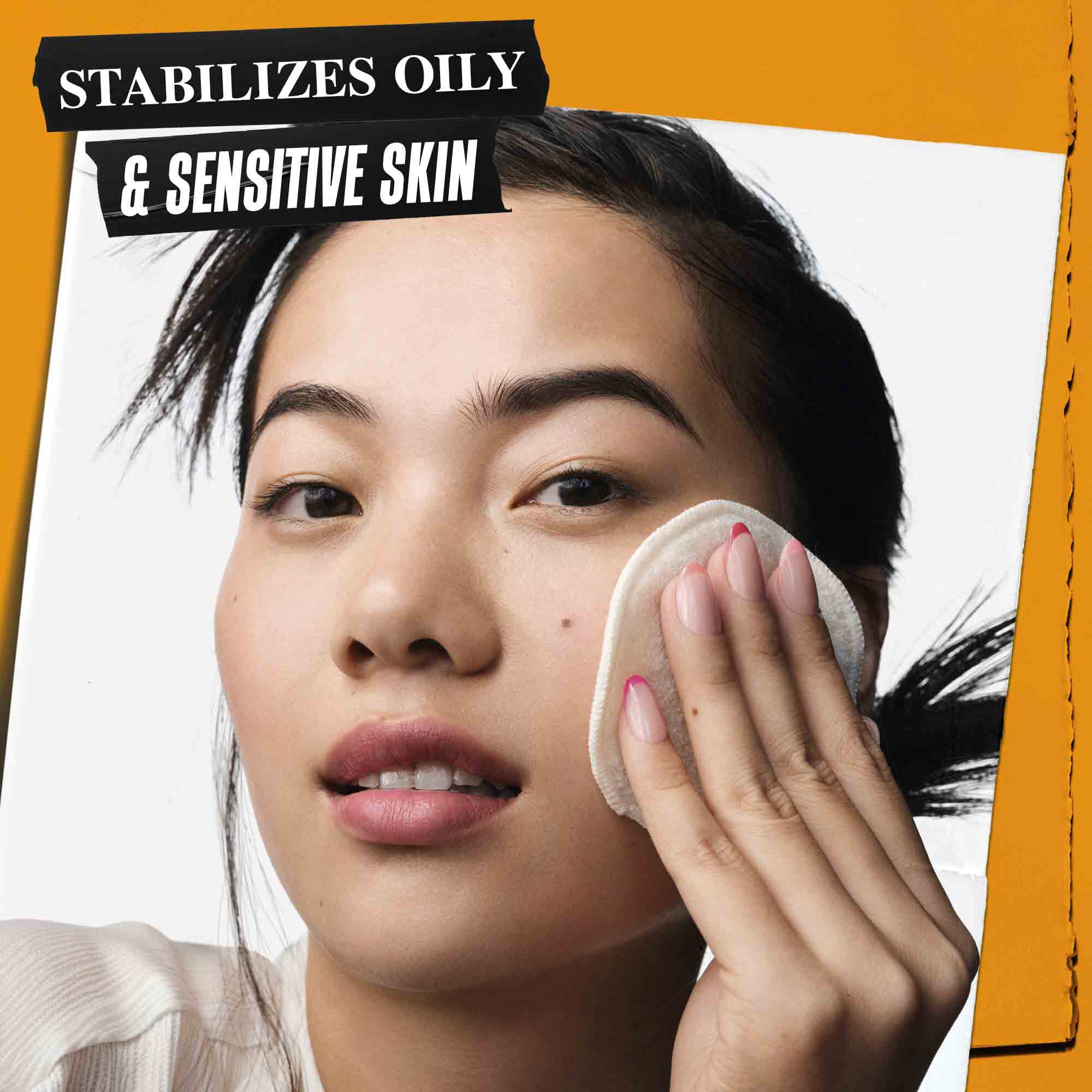 Osoba nanosi Calendula Herbal-Extract toner na kožu. Tekst naglašava njegovu sposobnost stabilizacije masne i osjetljive kože.