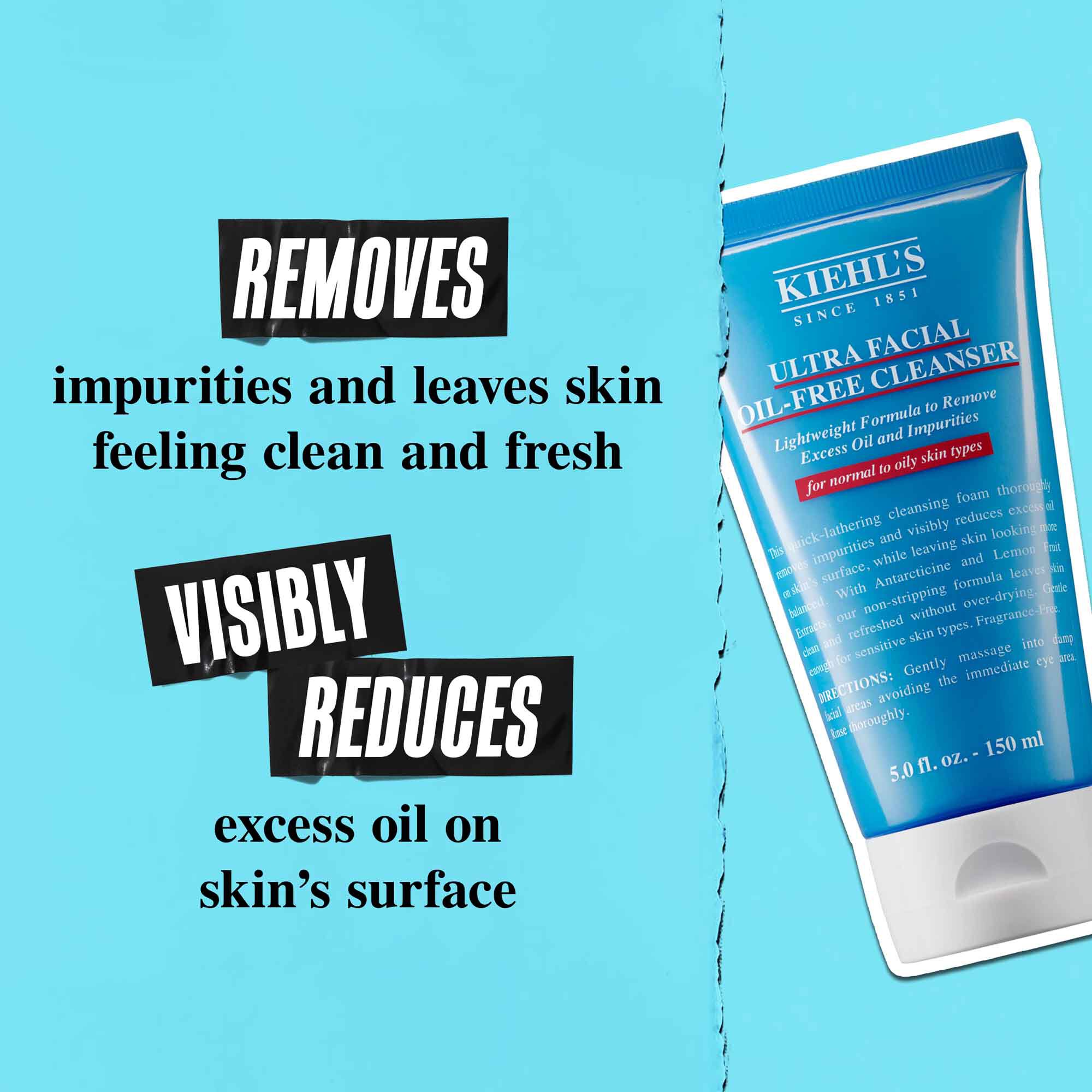 Tuba Ultra Facial Oil-Free Cleanser na plavoj pozadini s tekstom „Uklanja masnoću i ostavlja kožu s vidljivo smanjenim viškom masnoće na površini.”