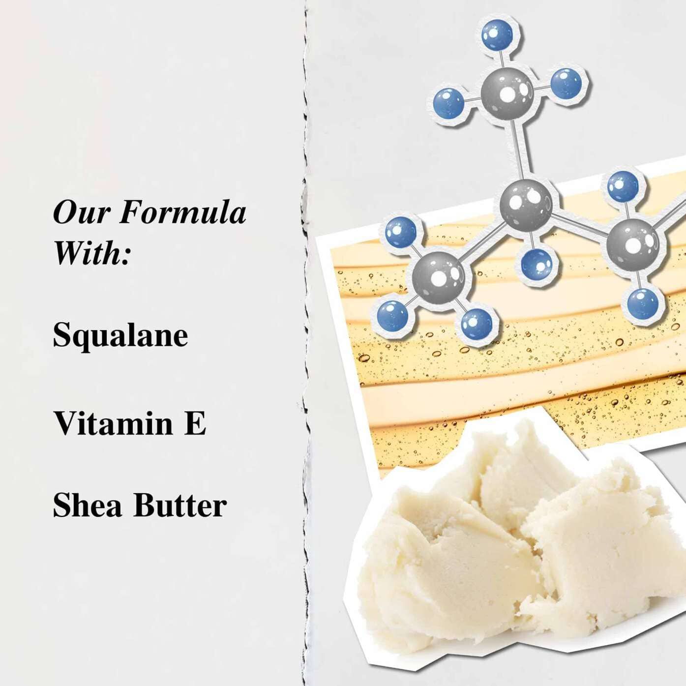 Prikaz koji ističe ključne sastojke Lip Balm #1 balzama: shea maslac, skvalan i vitamin E.