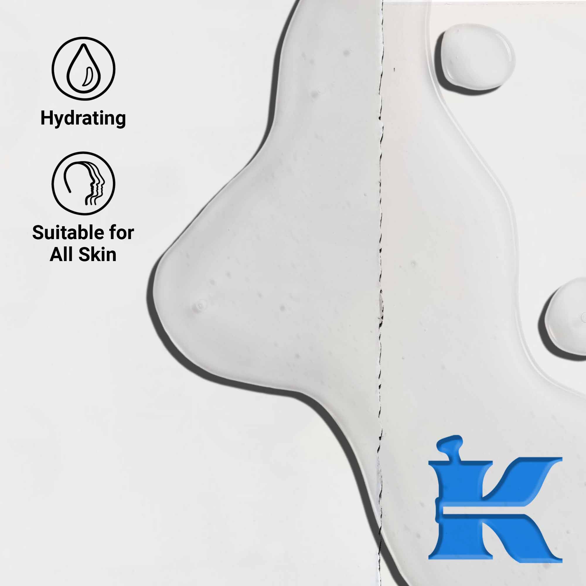 Krupni plan teksture Ultra Pure 1.5% Hyaluronic Acid Serum koja prikazuje prozirne tekuće kapljice. Tekst ističe hidratantne prednosti i prikladnost za sve tipove kože.