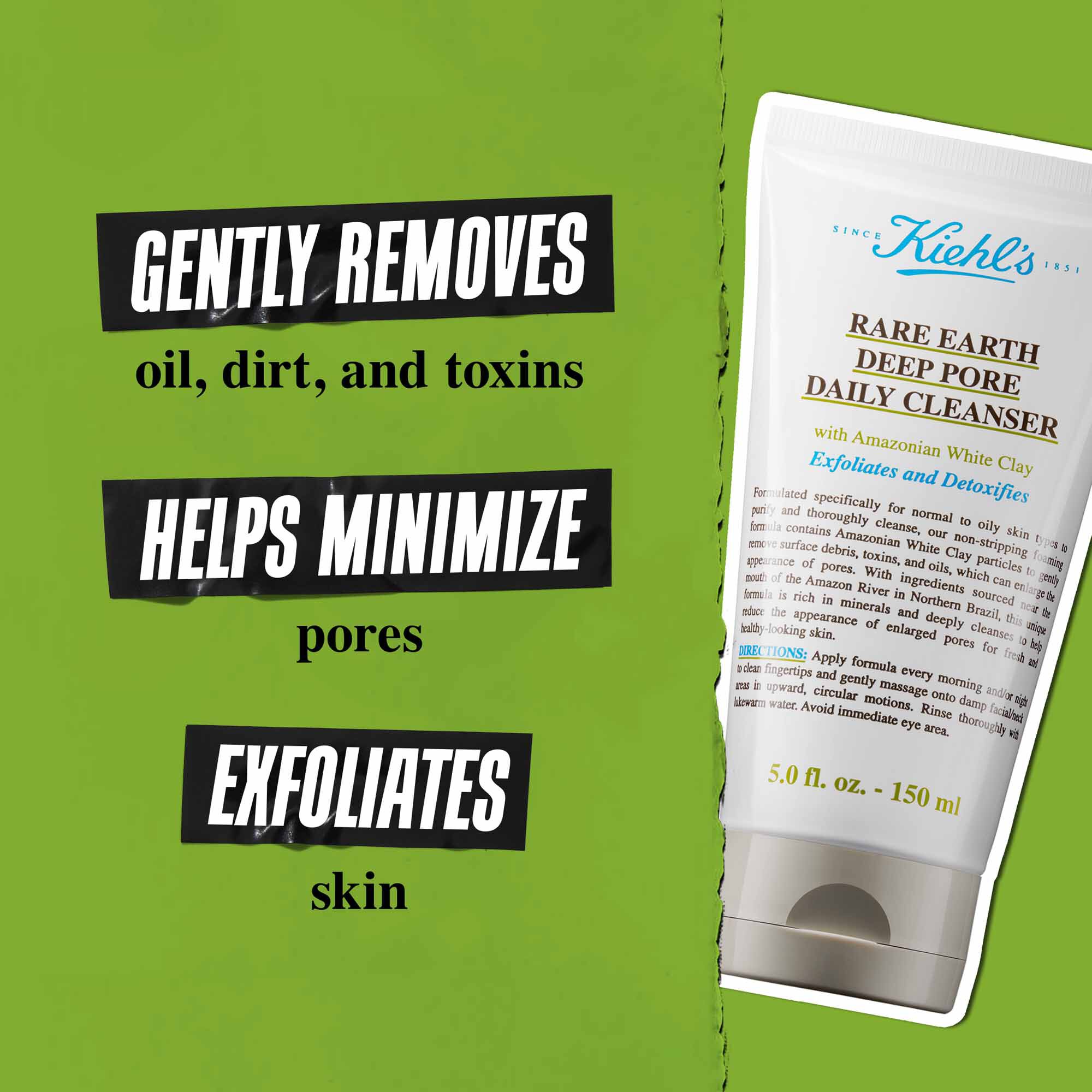 Tuba Rare Earth Deep Pore Daily Cleanser na zelenoj pozadini s tekstom „Nježno uklanja prljavštinu, masnoću i toksine. Održava pore smanjenima. Radi piling i dubinski čisti kožu.”