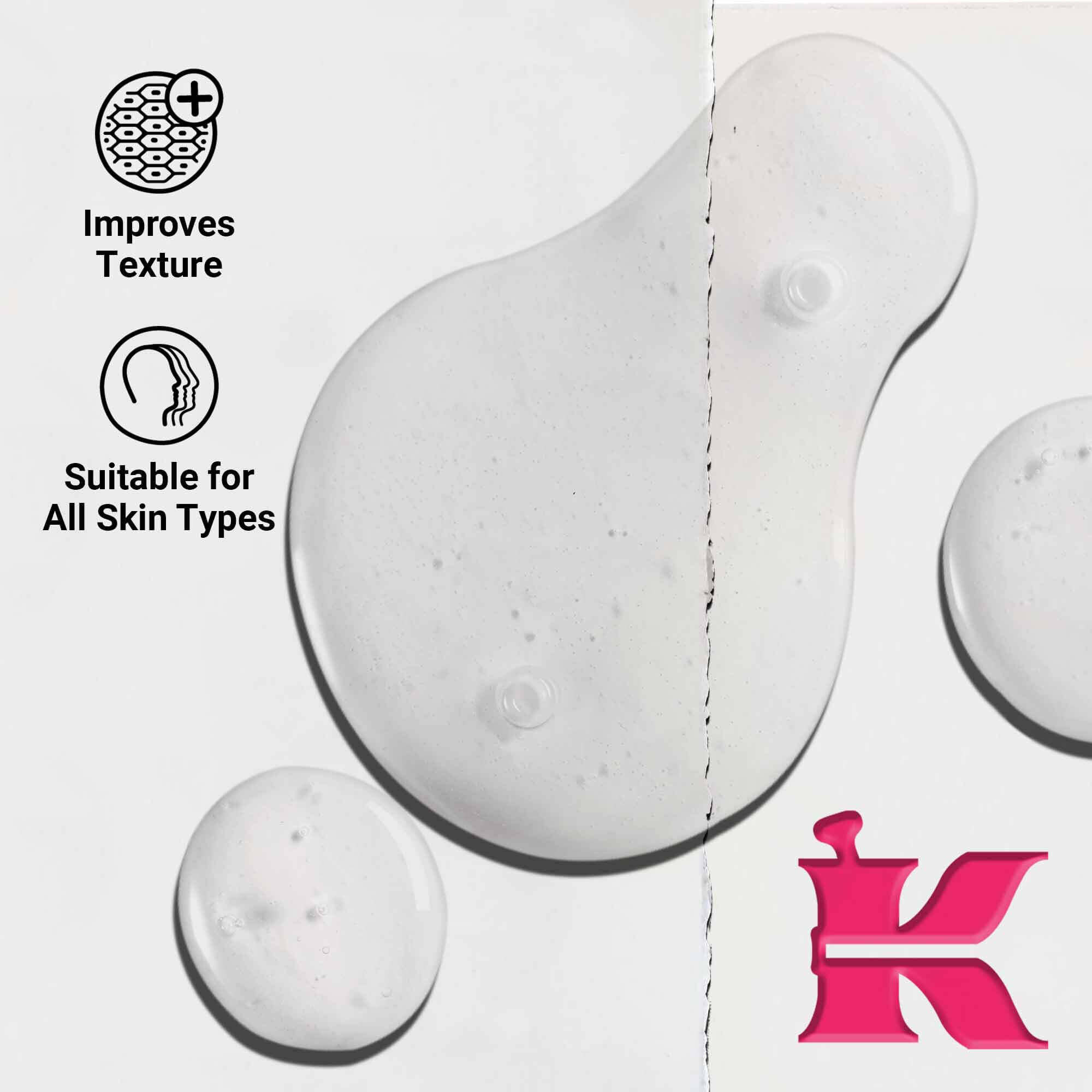 Krupni plan teksture Ultra Pure 9.8% Glycolic Acid Serum koja prikazuje prozirne tekuće kapljice. Tekst ističe sposobnost poboljšanja teksture i prikladnost za sve tipove kože.