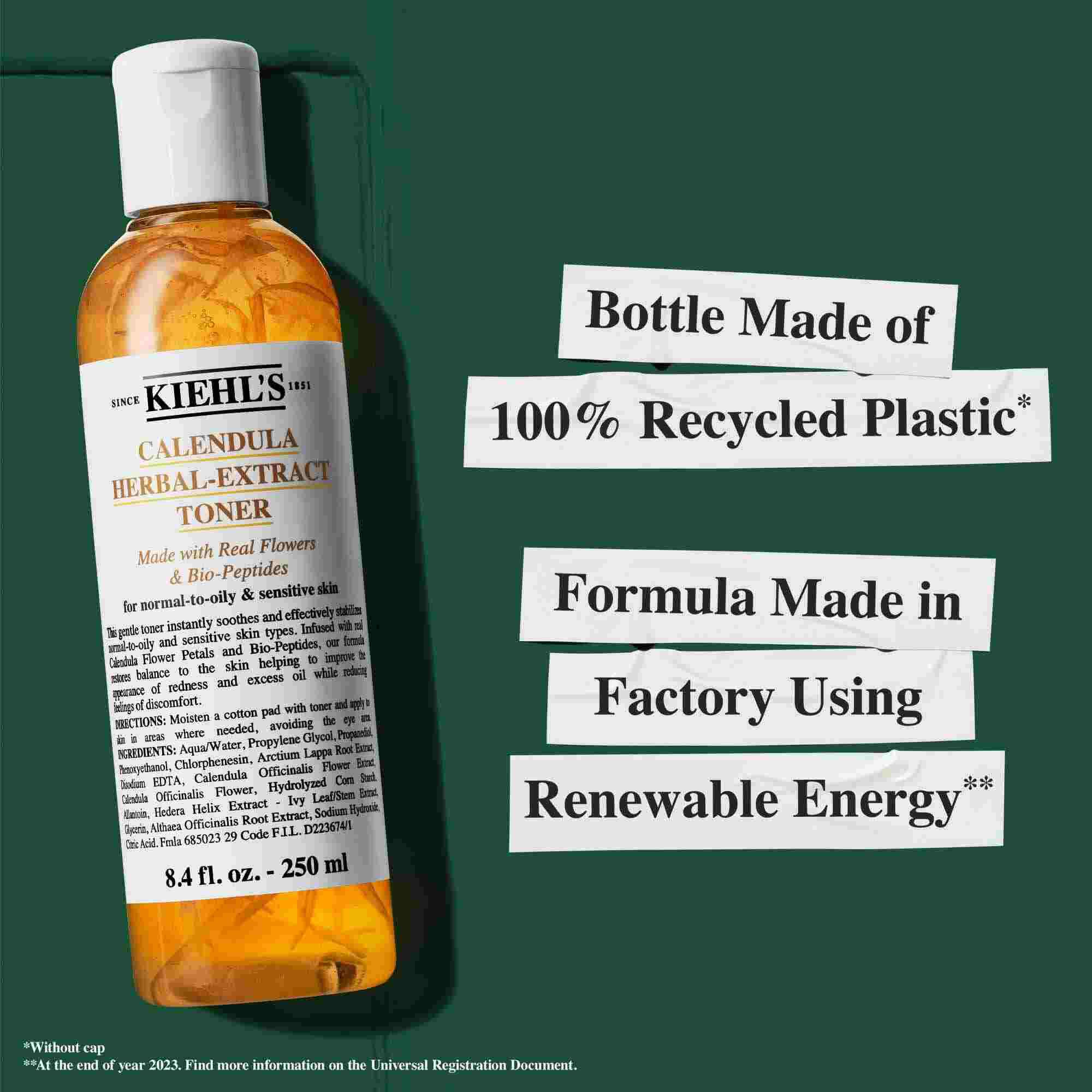 Bočica Calendula Herbal-Extract tonera s tekstom koji ističe značajke održivosti: "Bočica izrađena od 100% reciklirane plastike" i "Formula proizvedena u tvornici koja koristi obnovljivu energiju."