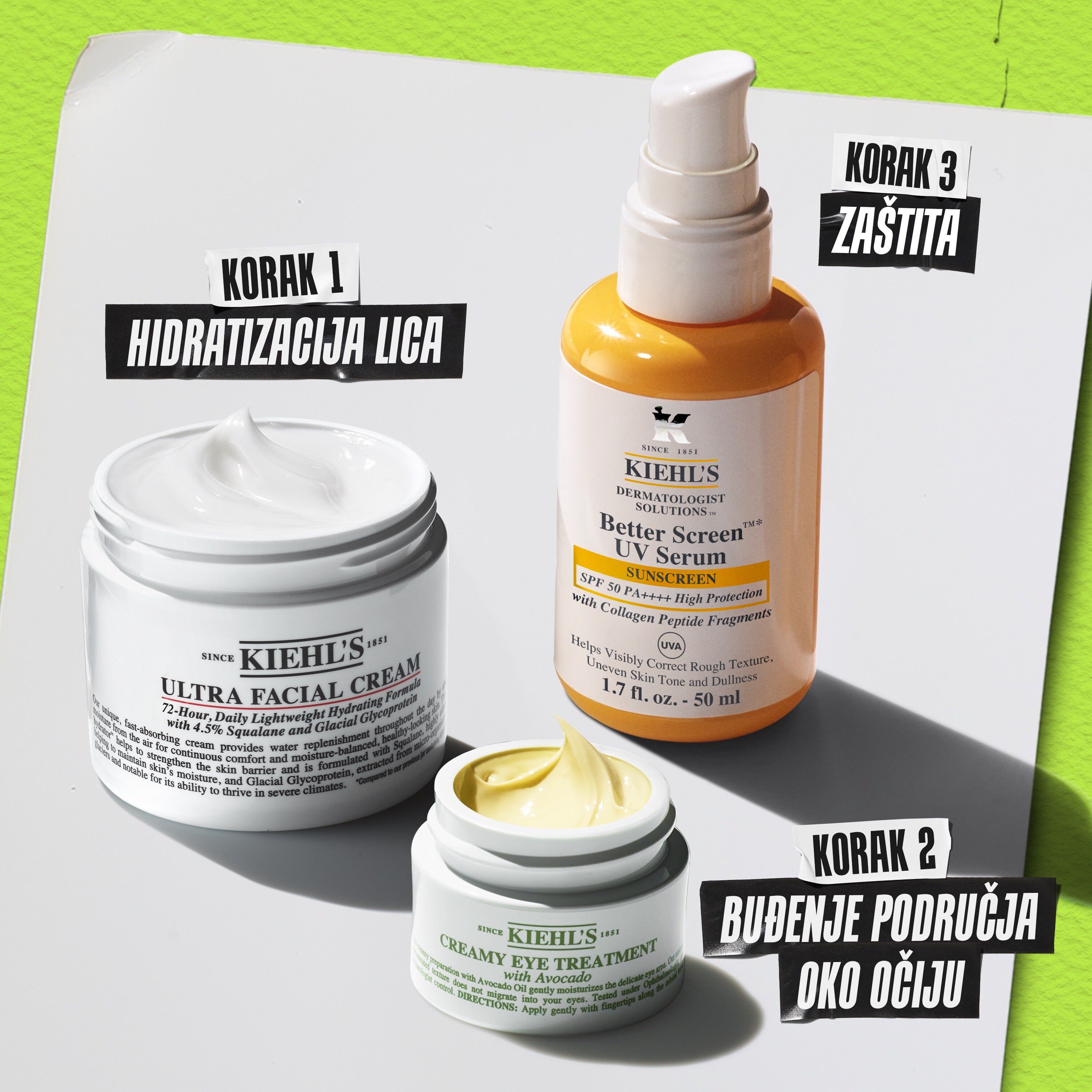 Rutina Kiehl's Creamy Eye Treatment with Avocado – 1. korak čišćenje, 2. korak njega, 3. korak hidratacija