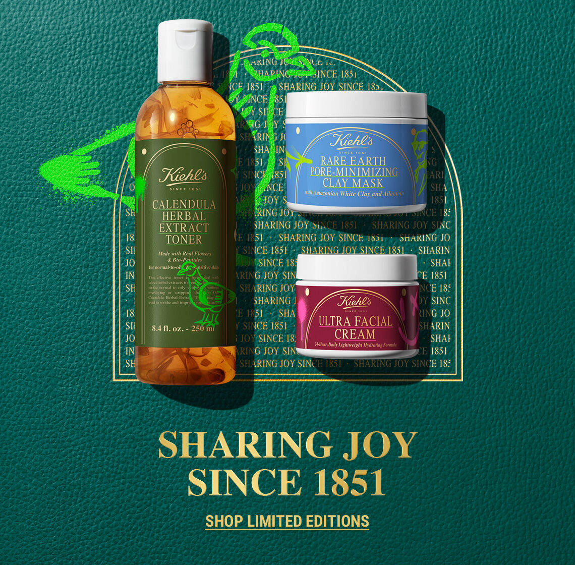 A dark green textured background features the gold text 'Kiehl's SHARING JOY SINCE 1851' with a green skull drawing. Three Kiehl's products are displayed: Calendula Herbal-Extract Toner, Rare Earth Pure Minimizing Clay Mask, and Ultra Facial Cream.