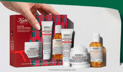 Kiehl's blagdanski poklon set koji sadrži Ultra Facial Cream, Ultra Facial Barrier-Hydrating Cleanser i Calendula Herbal-Extract Toner, prikazan s cjenovnom oznakom.