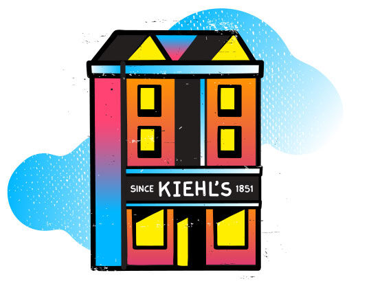 Ilustracija zgrade brenda Kiehl's, šarena i modernog dizajna, s natpisom 'Kiehl's 1851'.