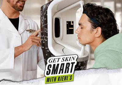 A collage featuring a smiling professional holding a skincare product, alongside images of consultations in a store setting. The Kiehl's logo is prominently displayed, and there's a cartoon figure illustrating customer engagement.