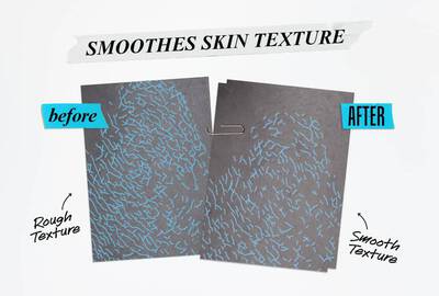 A comparison image showing two paper sheets side by side: the left labeled "before" with a rough texture design in blue, and the right labeled "after" with a smooth texture design in blue, illustrating improvement in skin texture.