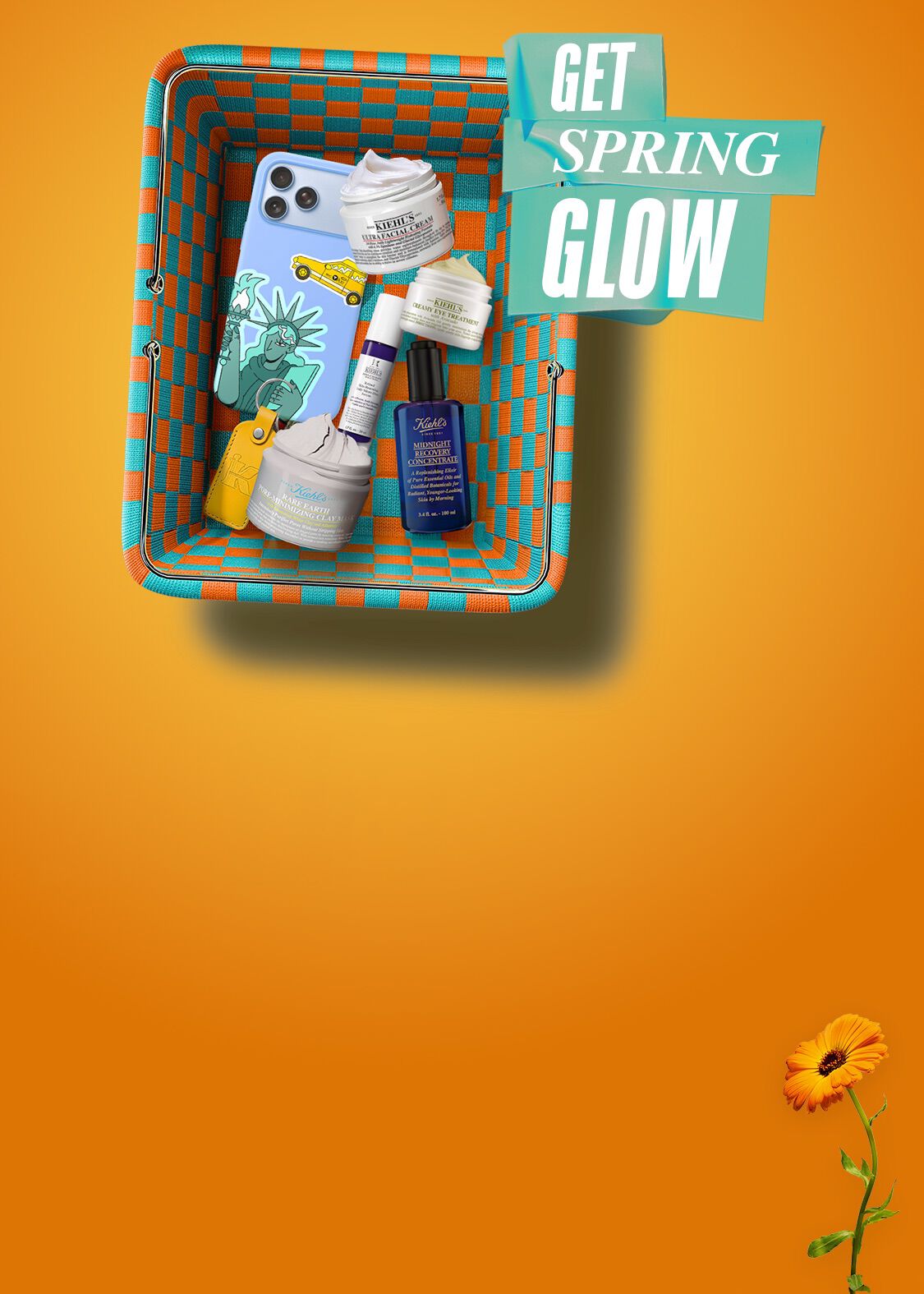 Vizual s cvijetom i košarom u kojoj su proizvodi na narančastoj pozadini.