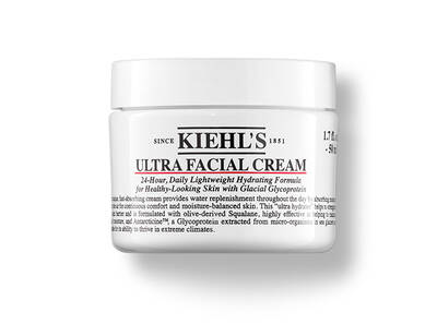 Bijela staklenka Kiehl's Ultra Facial kreme s oznakom '24-satna hidratantna formula za zdravu kožu'.