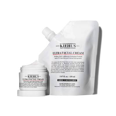 A jar of Kiehl's Ultra Facial Cream alongside a refill pouch, both featuring a minimalist design with a white background and black text.