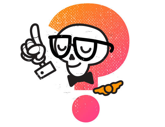 Karikatura lubanje s naočalama i kravatom, drži ključ u blizini znak pitanja u šarenim tonovima.