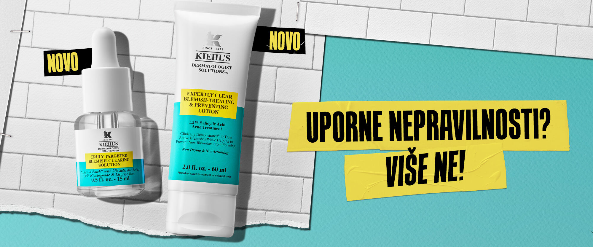 Alt text: "Reklama za proizvode za njegu kože s natpisom 'UPORNE NEPRAVILNOSTI? VIŠE NE!' i oznakom 'NOVO'."