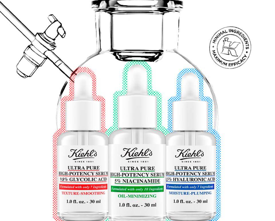 Tri bočice seruma za njegu kože s različitim formulacijama u prozirnom pakiranju, uz pipetu i natpis "We Skincare About You!" iz marke Kiehl's.
