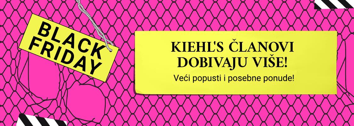 Naličje u žutoj i ružičastoj boji s natpisom "Black Friday" i porukom o popustima za članove Kiehl'sa.