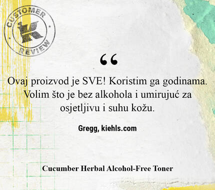 A customer review praising Kiehl's Cucumber Herbal Alcohol-Free Toner, highlighting its effectiveness and suitability for sensitive and dry skin.