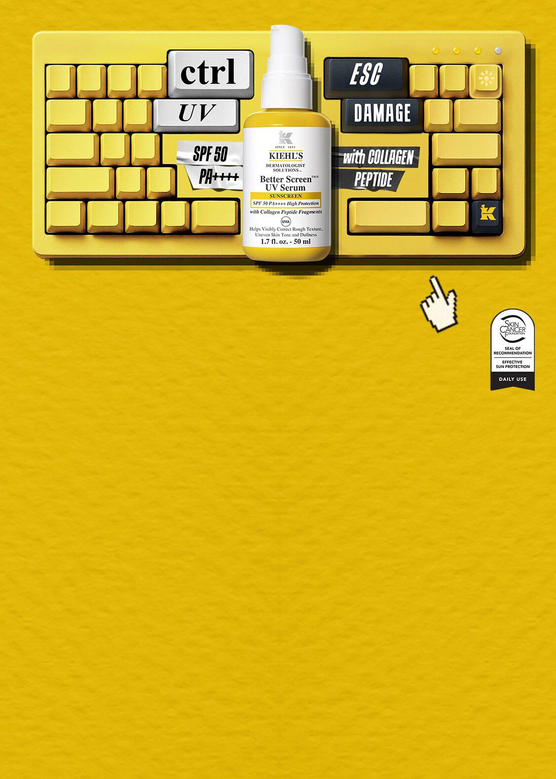 Vizual sa žutom podlogom, kompjutorskom tipkovnicom i proizvodom za zaštitu od sunca.